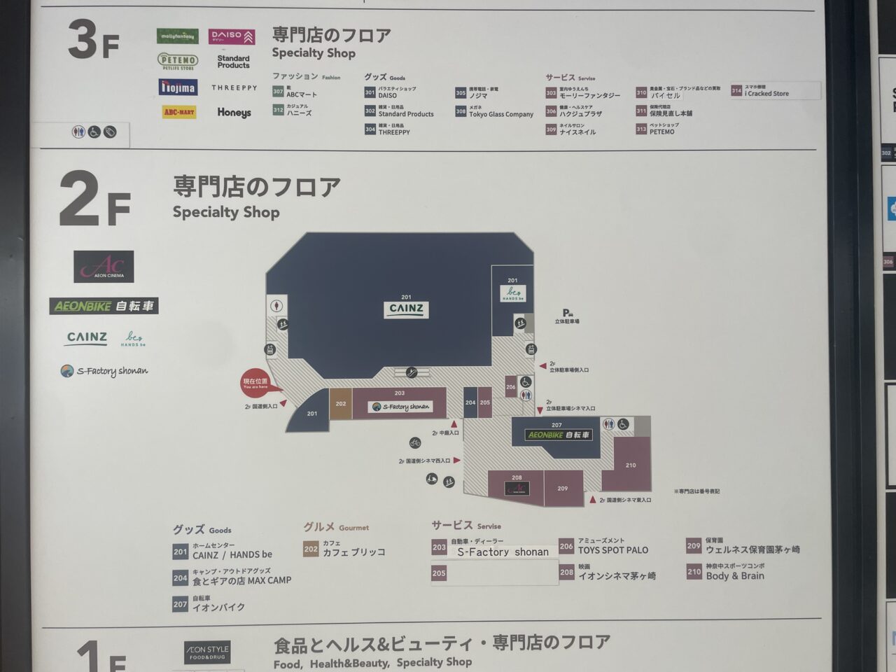 そよら湘南茅ヶ崎2階フロア案内とアトリウム周辺の案内板