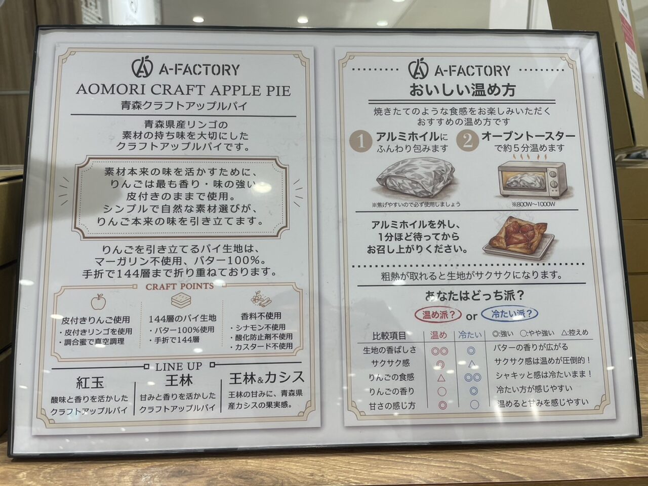 青森クラフトアップルパイの素材や温め方を紹介する案内パネル
